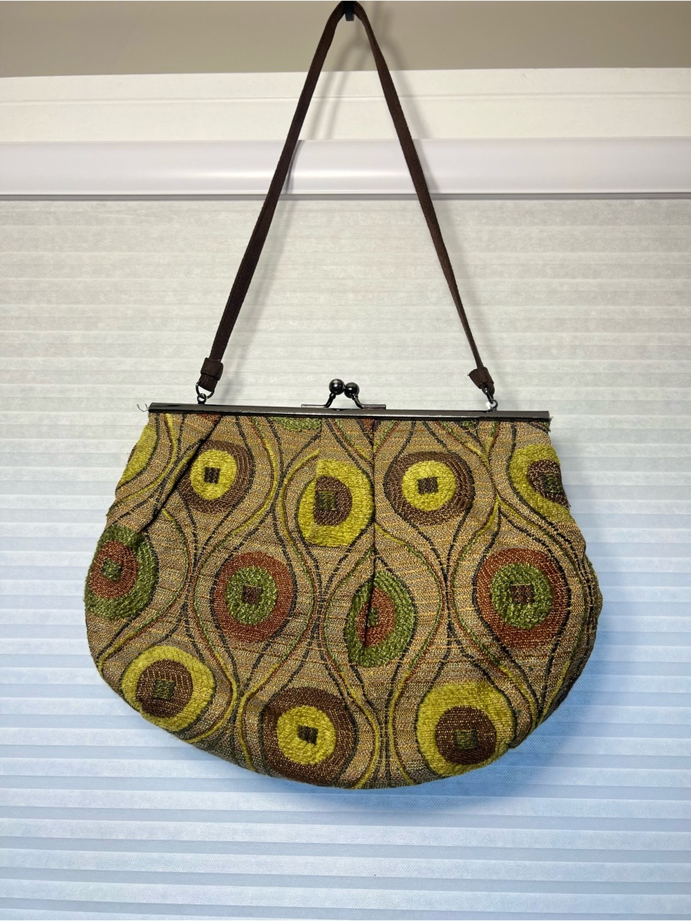 Liz Soto Tapestry Kiss Lock Bag Boho Retro 70s Peacock Eye Green Brown